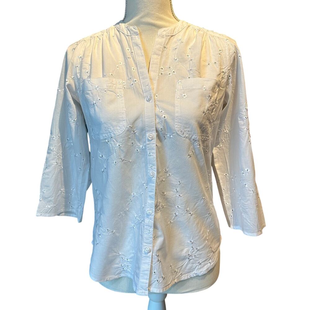 Loft XS Petite White Blouse Embroidered Capsule Wardrobe Cottagecore Minimalist